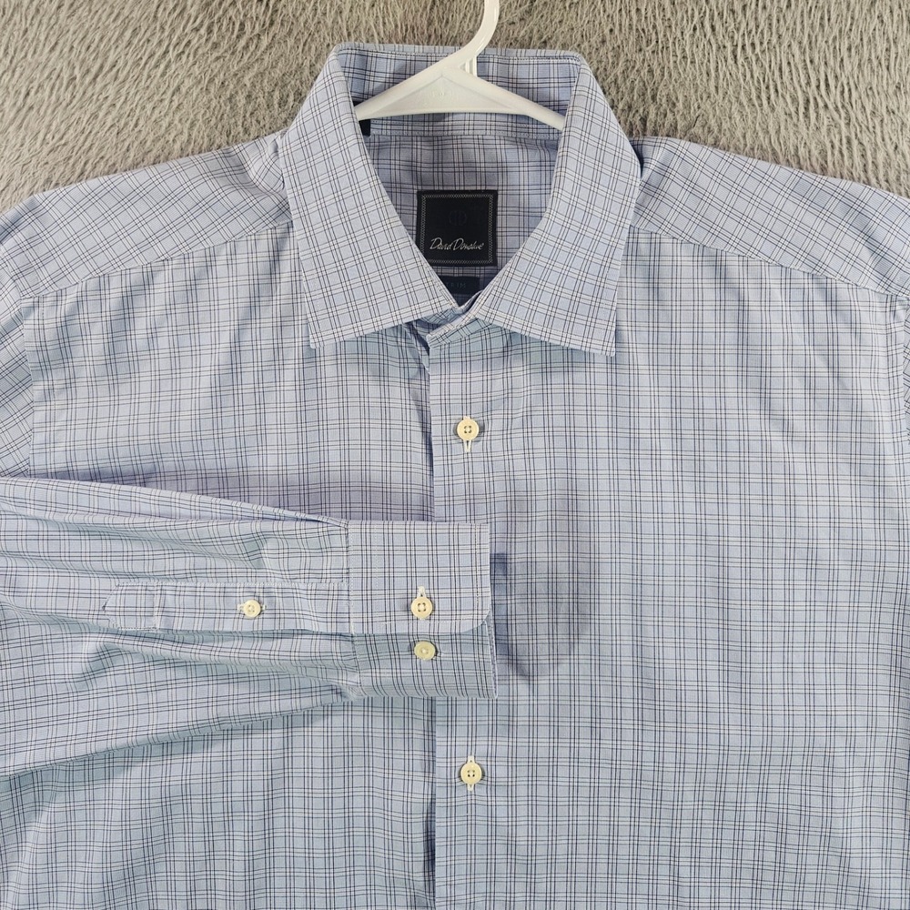 David Donahue Mens 17 34/35 Trim Fit Dress Shirt Blue Plaid Cotton Long Sleeve